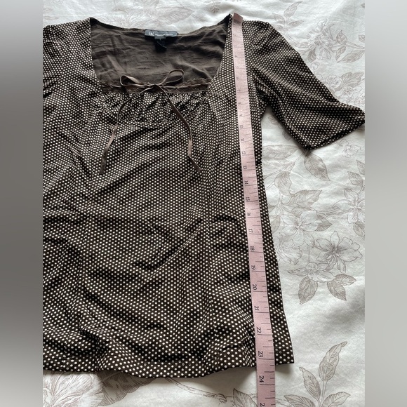 Y2K Nylon Brown White Polka Dot Micro Mesh Bow Top Small Coquette Cottage Office - Picture 4 of 6